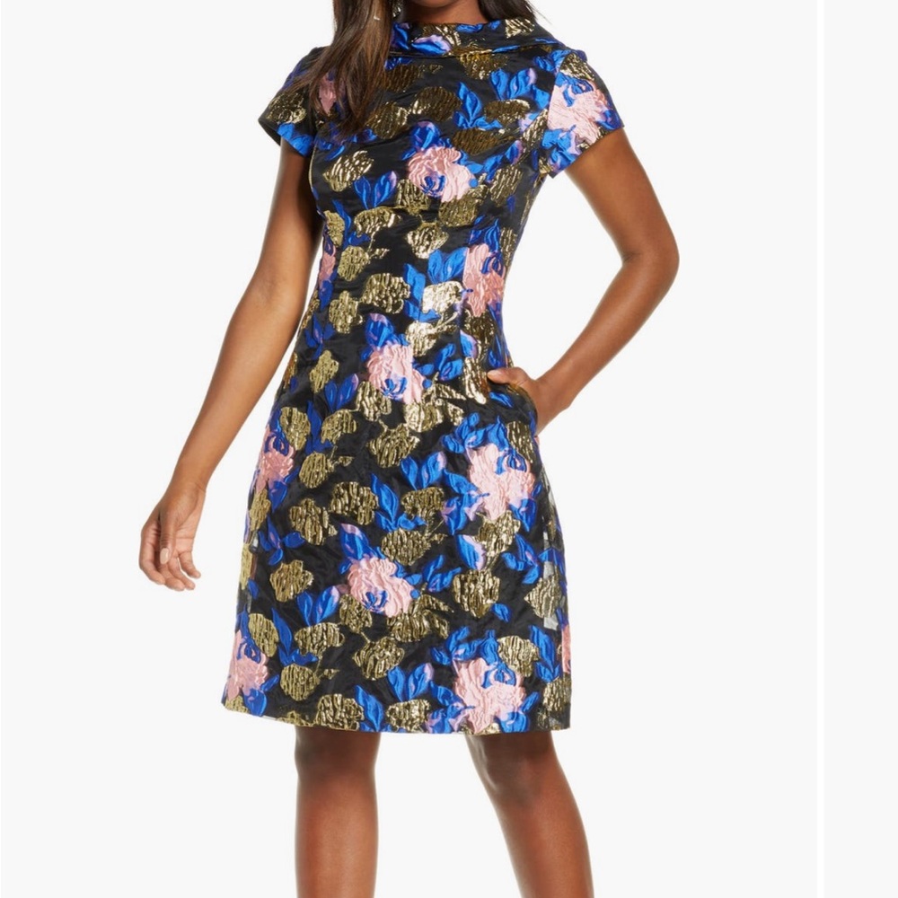 Mark and James Badgley Mischka Black Metallic Floral Dress